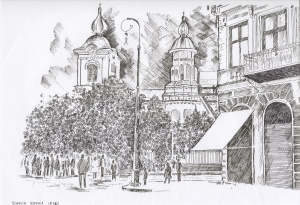 Biserica Uspenia Botoșani / grafică în peniță autor: Constanța Abălașei-Donosă